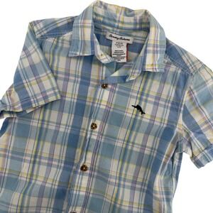 Tommy Bahama Kids Boys Blue Plaid Short Sleeve Button Down Shirt Size M 7/8